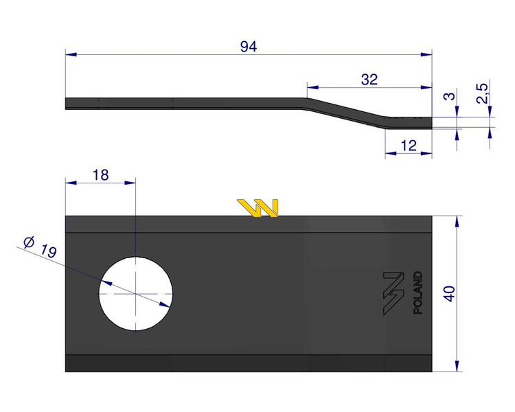 Nóż. nożyk kosiarka gięty 94X40X3mm otwór 19 94/P WARYŃSKI