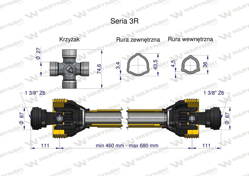 Wał przegubowo-teleskopowy 460-680mm 460Nm 50200 CE 2020 seria 3R WARYŃSKI WA46-46