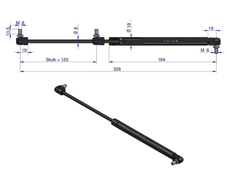 siłownik amortyzator gazowy A=326 B=165 F=200N skok 120, POLMO 3 LATA GWARANCJI