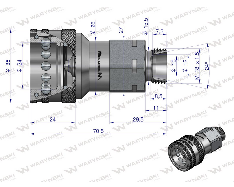 Szybkozlacze hydrauliczne gniazdo z eliminatorem ciśnienia M18x1.5 gwint zewnetrzny EURO (9100818G) (ISO 7241-A) Warynski 