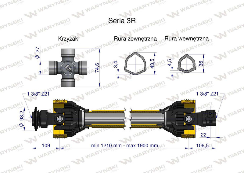 Wał przegubowo-teleskopowy 1210-1900mm 460Nm Z21 z dwóch stron CE seria 3R WARYŃSKI [W322021210]