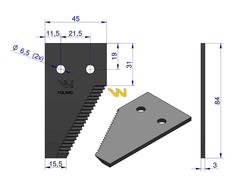 Nóż żniwny końcowy 84x45x3mm otwór 6.5 Claas 6112041 WARYŃSKI