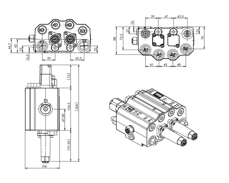 Rozdzielacz hydrauliczny do ładowacza 2-sekcyjny p 90L 1-sekcja pływająca na linkę