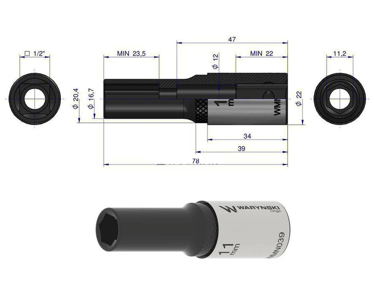 Nasadka sześciokątna 1/2" 11 mm długa Waryński