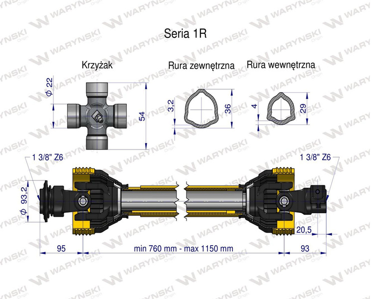 Wał przegubowo-teleskopowy 760-1150mm 210Nm 10240 CE seria 1R WARYŃSKI