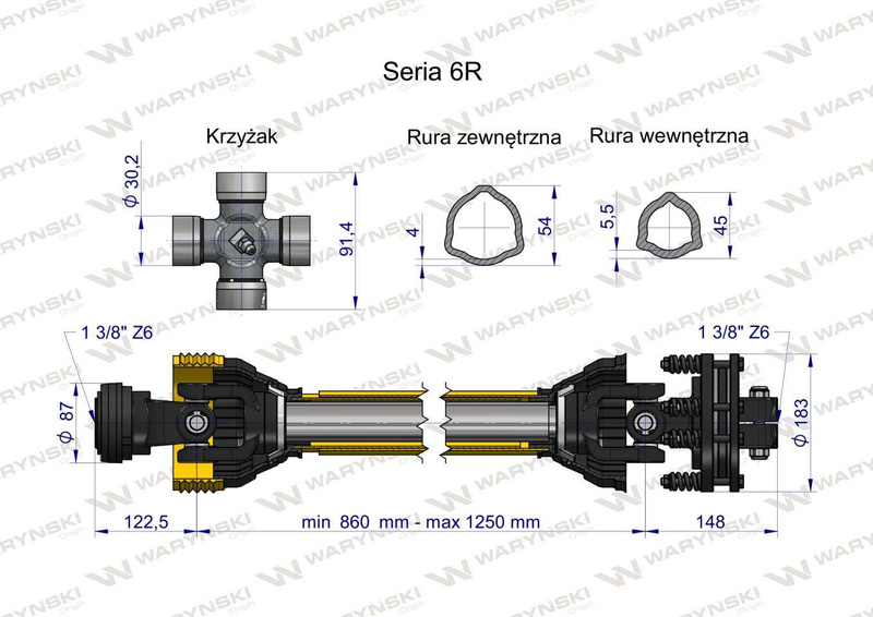 Wał przegubowo-teleskopowy 860-1250mm 830Nm sprzęgło cierne 1200Nm CE 2020 seria 6R WARYŃSKI