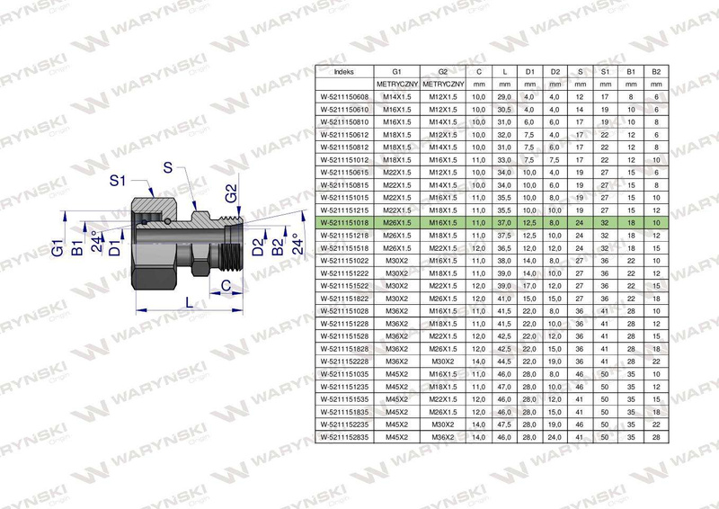 Złączka hydrauliczna metryczna AB (XKOR) A-M26x1.5 18L / B-M16x1.5 10L Waryński