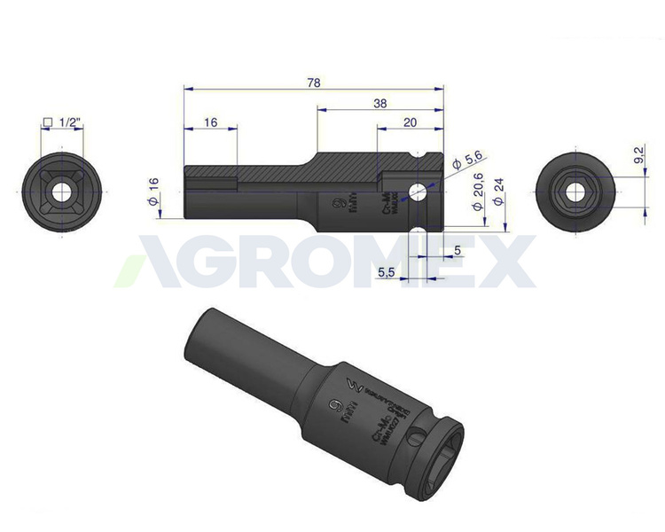 Nasadka udarowa sześciokątna długa 1/2" 9 mm Waryński