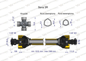 Wał przegubowo-teleskopowy 1010-1560mm 460Nm widłak Z21 skręcany na śrubę 50270 CE seria 3R WARYŃSKI [W321121010]