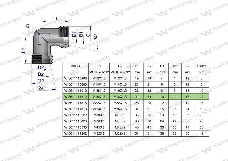 Kolanko hydrauliczne metryczne BB M18x1.5 12L (XW) Waryński