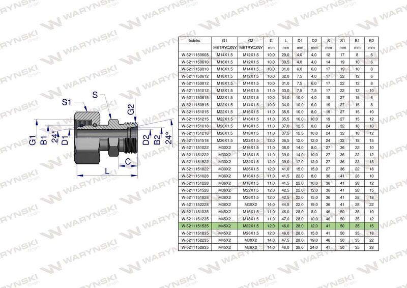 Złączka hydrauliczna metryczna AB (XKOR) A-M45x2 35L / B-M22x1.5 15L Waryński