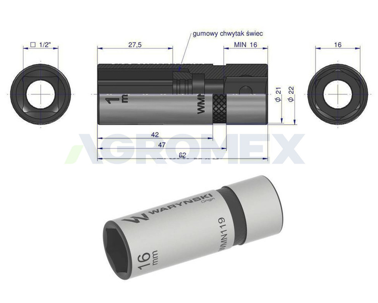 Nasadka do świec 1/2" 16mm Waryński