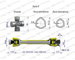 Wał przegubowo-teleskopowy (sprzęgło z kołkiem) 1010-1550mm 620 Nm 60970 CE seria 5 WARYŃSKI