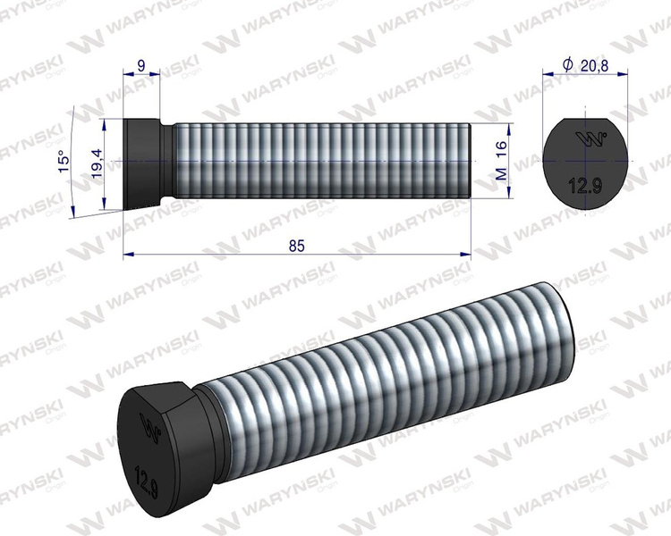 Śruba kpl. płużna oval z jednej strony ścięta M16x85 mm kl.12.9 Kverneland Waryński M16X85OV1