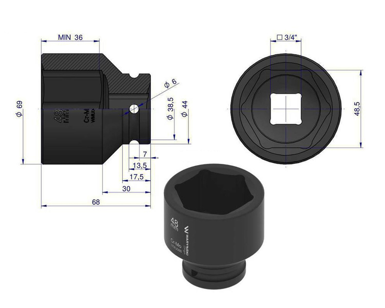 Nasadka udarowa sześciokątna 3/4" 48 mm Waryński