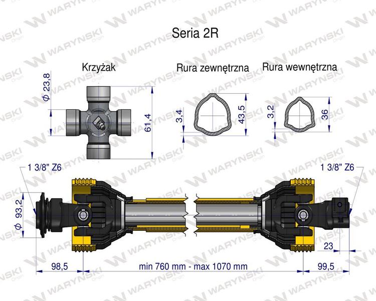 Wał przegubowo-teleskopowy 760-1070mm 270Nm 40240 CE seria 2R WARYŃSKI