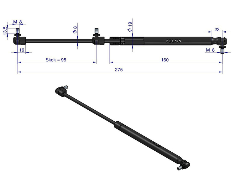 siłownik amortyzator gazowy A=275 B=137 F=290N skok 95, POLMO 3 LATA GWARANCJI 3478319M2