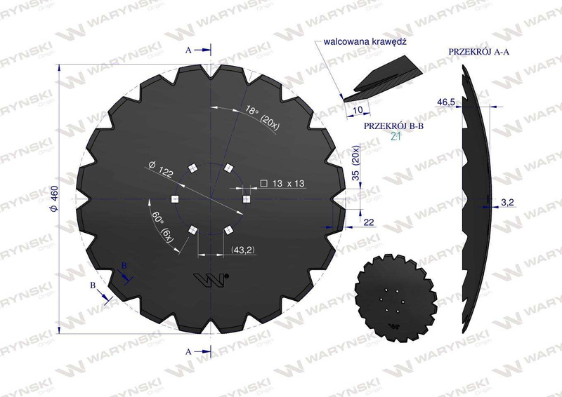 Talerz uzębiony Z-20 fi 460 mocowanie 6/120 grubość 3.2 stal borowa WARYŃSKI MAXX W-5192460/6/120 [W-2460/6/120/3.2]