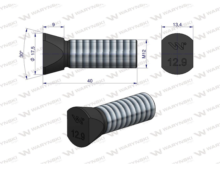 Śruba kpl. płużna oval z dwóch stron ścięta M12x40 mm kl.12.9 Vogel & Noot Waryński M14X48OV2VN