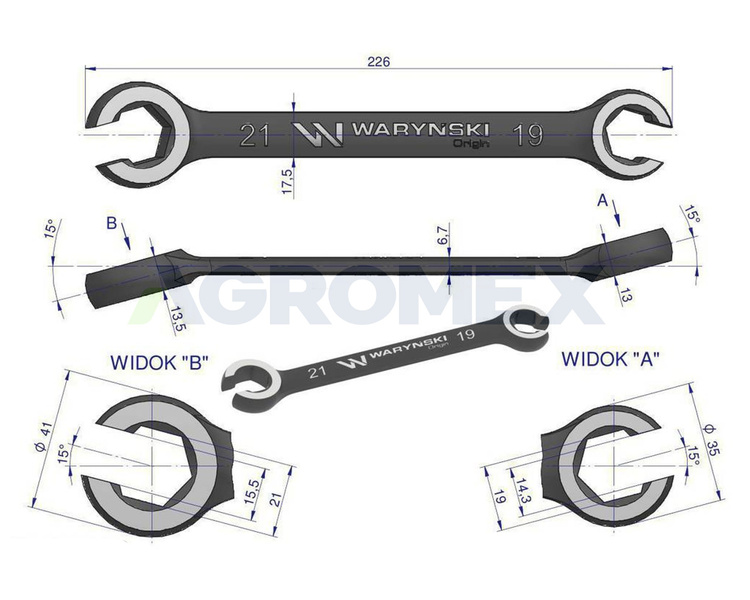 Klucz płasko oczkowy otwarty 21 x 19 mm Waryński