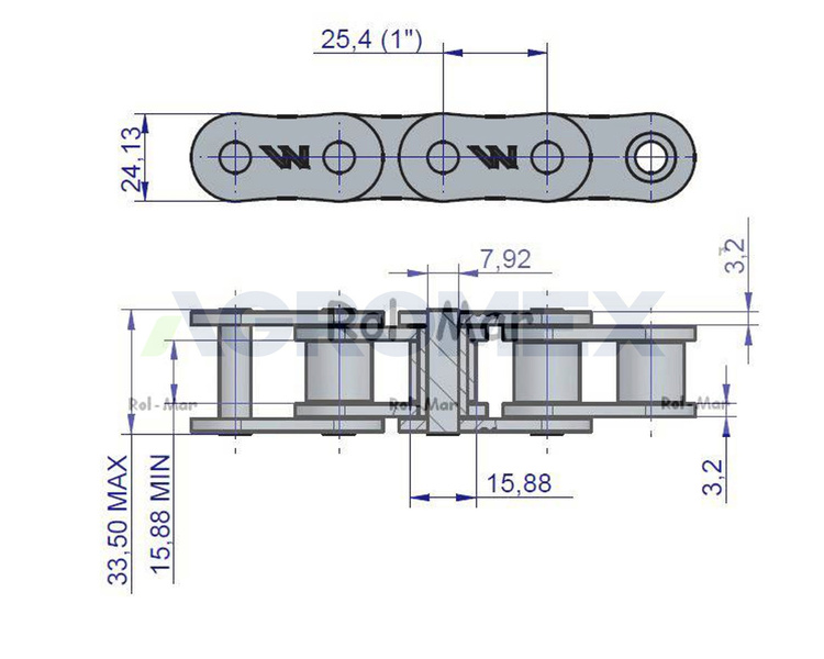 Łańcuch rolkowy wzmocniony 16A-1 ANSI A 80 (R1 1) 4m Waryński