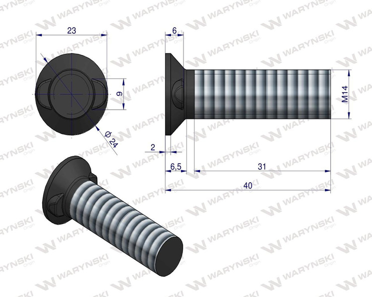 Śruba kpl. płużna dwunoskowa M14x40 mm kl.12.9 Waryński