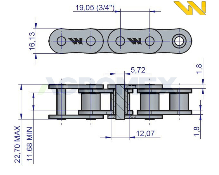 Łańcuch rolkowy 12B1 44 ogniwa 838mm Bizon 5040995820 Waryński