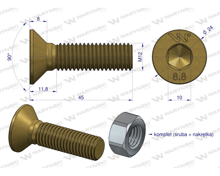 Śruba kpl. M12x45 - imbus 10 DIN7991 Waryński