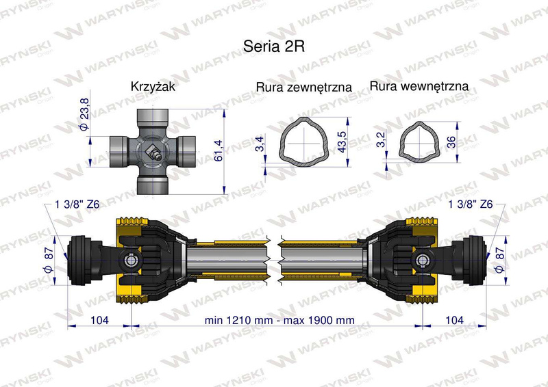 Wał przegubowo-teleskopowy 1210-1900mm 270Nm 40280 CE 2020 seria 2R WARYŃSKI WA25-121