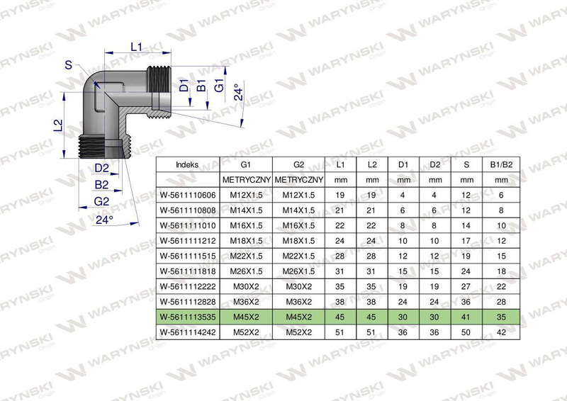 Kolanko hydrauliczne metryczne BB M45x2 35L (XW) Waryński