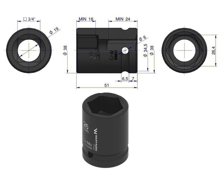 Nasadka udarowa sześciokątna 3/4" 26 mm Waryński