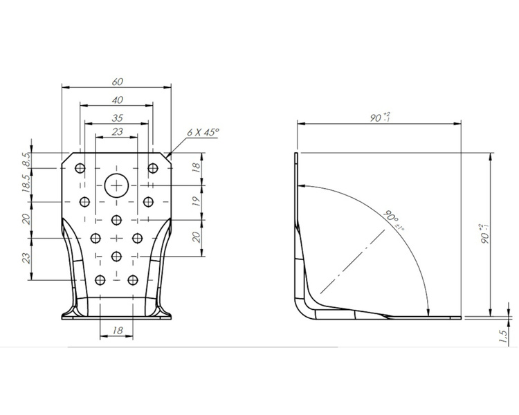 Kątownik łącznik z przetłoczeniem dwustronnym 90x90x60x1,5 dmx