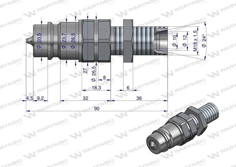 Szybkozłącze hydrauliczne wtyczka long z eliminatorem ciśnienia M18x1.5 gwint zew. EURO (9100818W) (ISO 7241-A) Waryński 