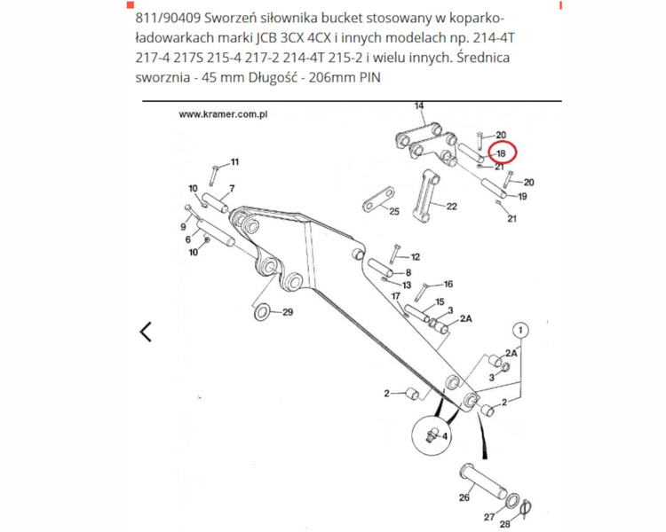 Sworzeń siłownika łyżki do koparko ładowarki JCB 3CX 4CX 811/90409