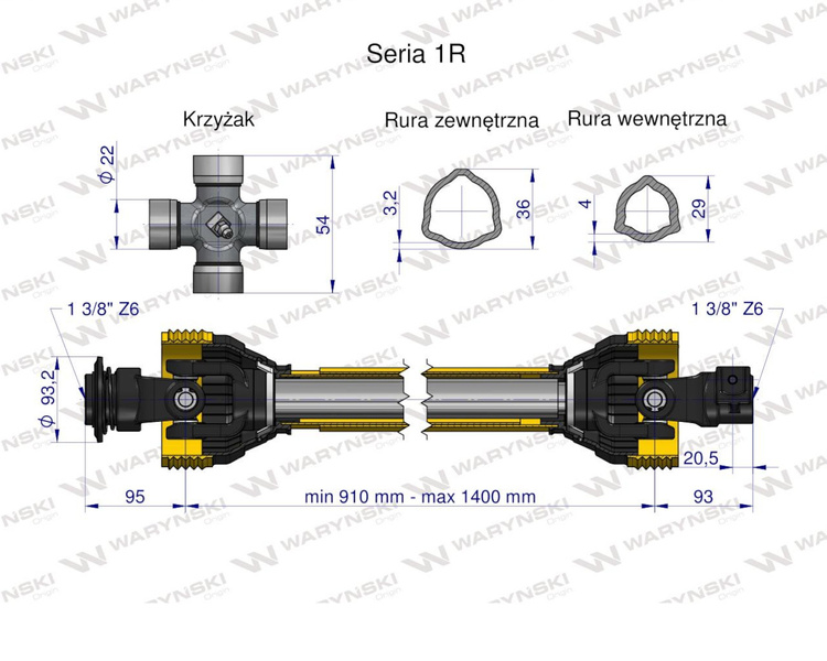 Wał przegubowo-teleskopowy 910-1400mm 210Nm 10260 CE seria 1R WARYŃSKI