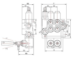 Rozdzielacz hydrauliczny dwusekcyjny 40L sterowany joystickiem na linki