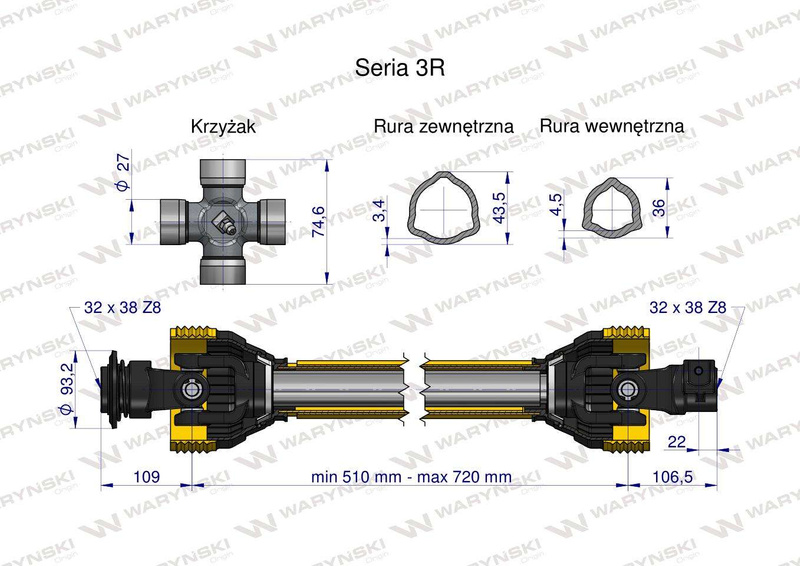 Wał przegubowo-teleskopowy 510-700mm 460Nm 32X38 Z8 rosyjski z dwóch stron 50210 CE seria 3R WARYŃSKI [W32606510]