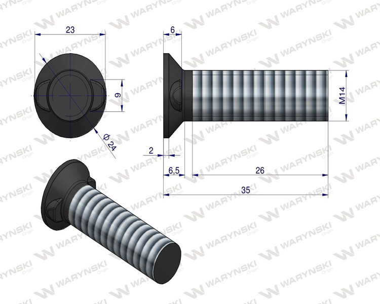 Śruba kpl. płużna dwunoskowa M14x35 mm kl.12.9 Waryński