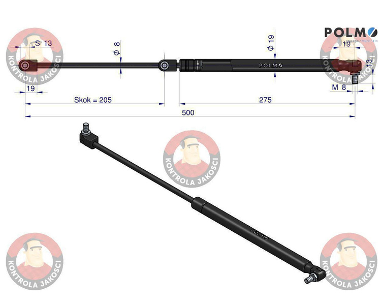 siłownik amortyzator gazowy A=500 B=255 F=210N skok 205, POLMO X800420414000