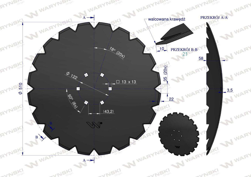 Talerz uzębiony Z-20 fi 510 mocowanie 6/120 grubość 3.5 stal borowa WARYŃSKI MAXX