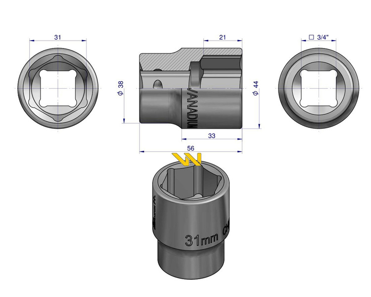 Nasadka sześciokątna 3/4" 31 mm. DIN 3124. Waryński