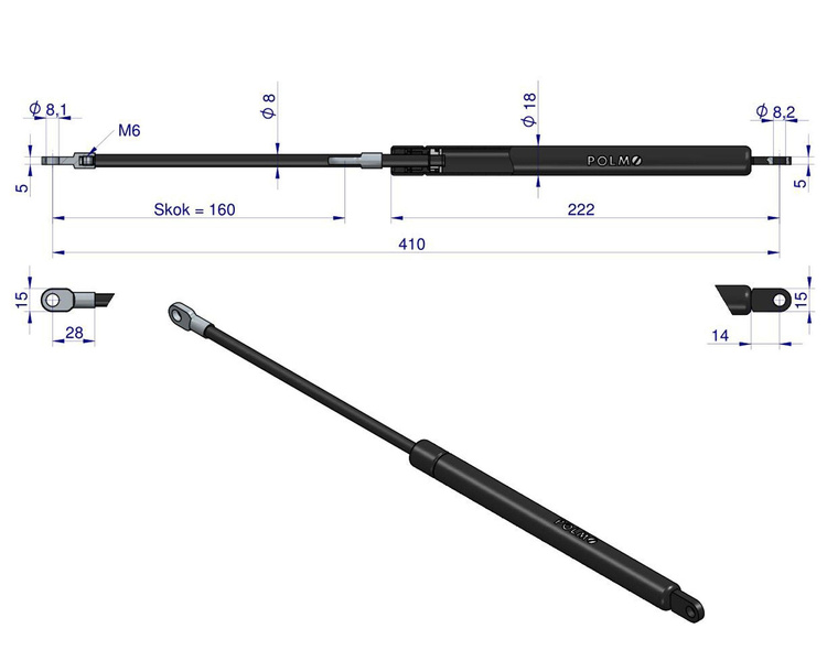 siłownik amortyzator gazowy A=410 B=210 F=330N skok 160, POLMO 1531490C1