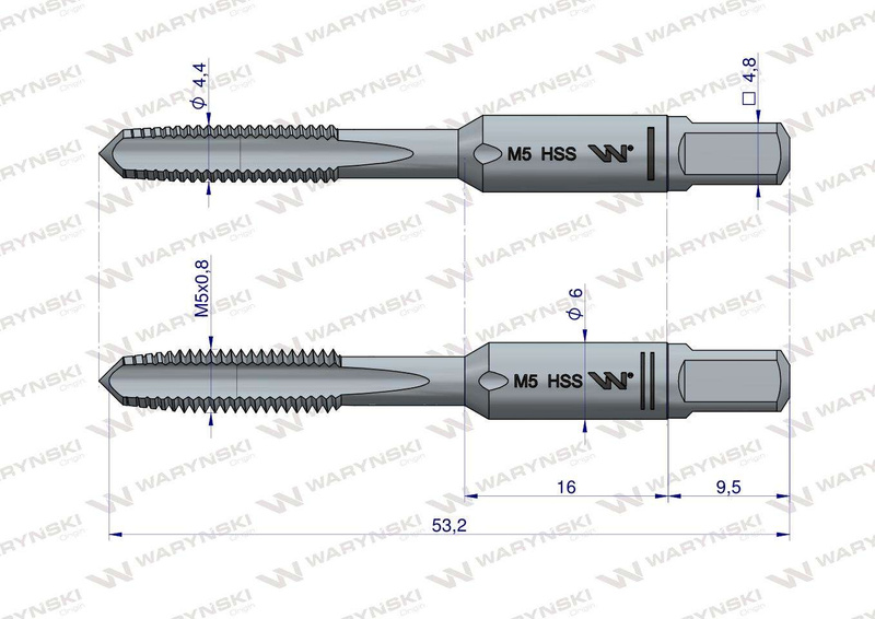 Komplet gwintowników przemysłowych M5 ze stali HSS wstępny. wykańczak DIN 352/2 Waryński