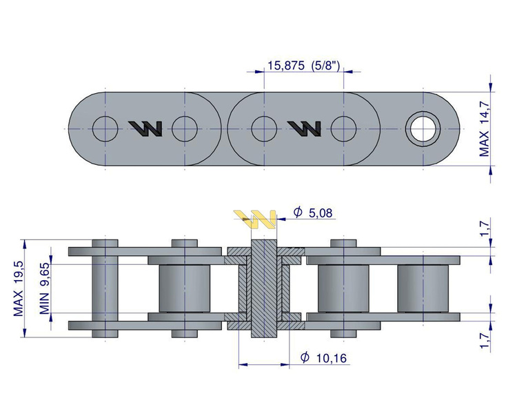 Łańcuch rolkowy prosta płytka 10B-1 (R1 5/8) 5 m Waryński