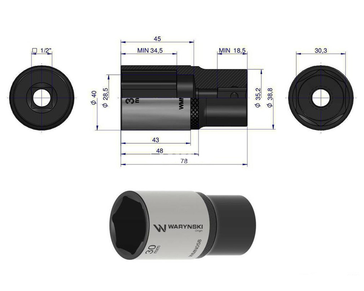 Nasadka sześciokątna 1/2" 30 mm długa Waryński