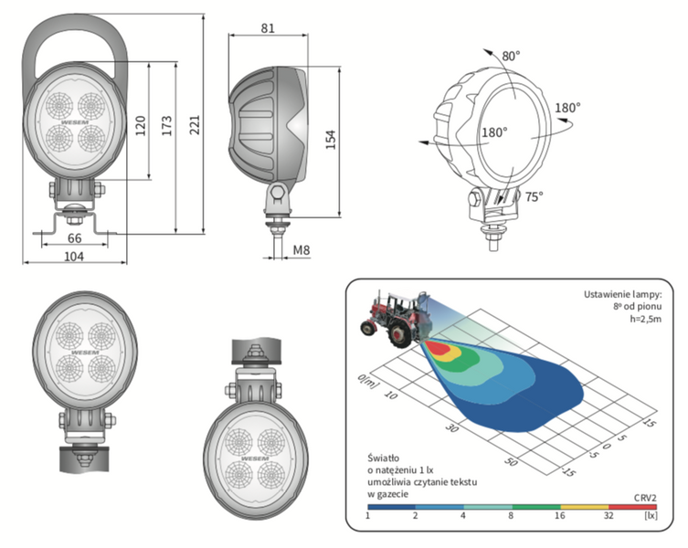 lampa robocza LED reflektor WESEM 18W 1500lm 104x120x81mm światło rozproszone CRV2A.49600