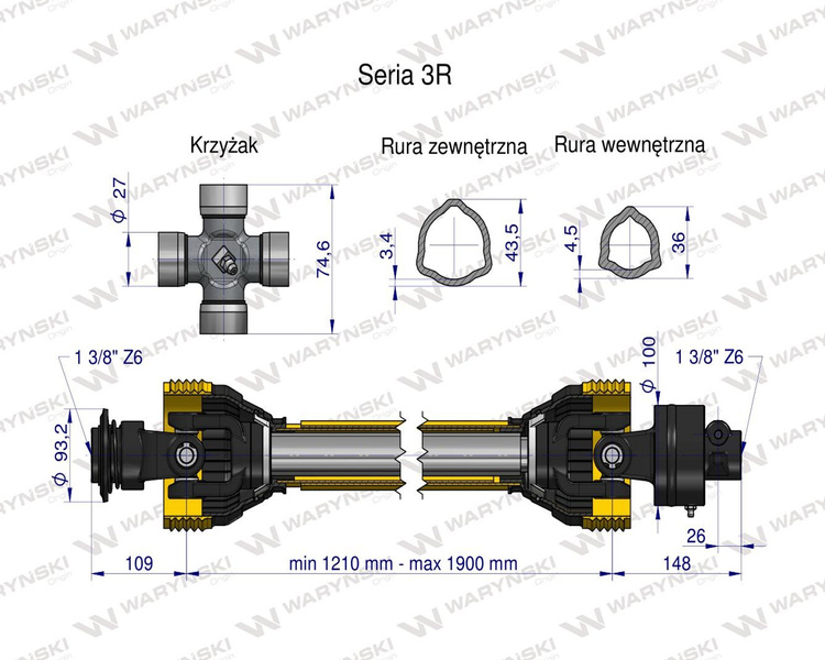 Wał przegubowo-teleskopowy 1210-1900mm 460Nm sprzęgło jednokierunkowe CE Waryński