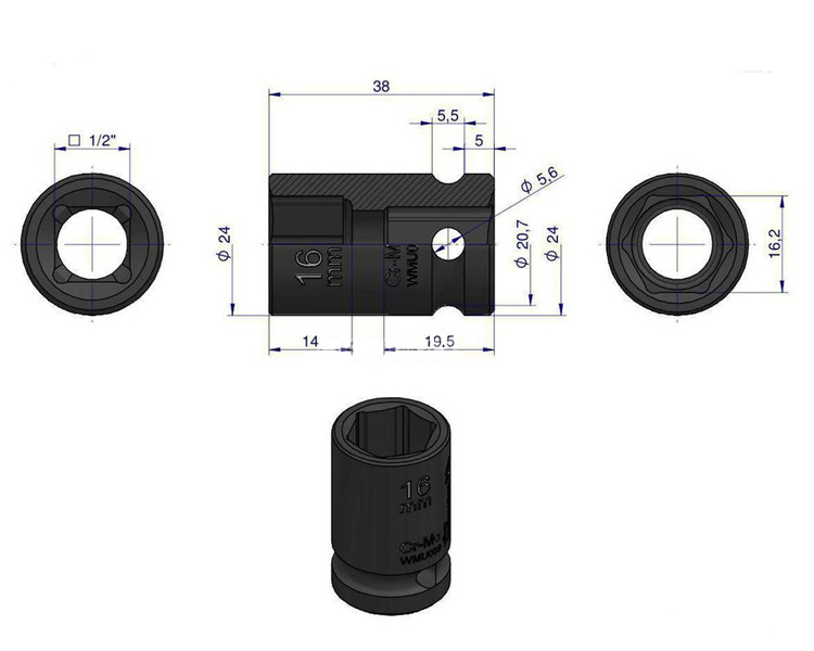 Nasadka udarowa sześciokątna 1/2" 16 mm Waryński