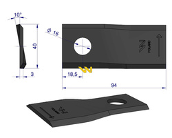 Nóż. nożyk kosiarka lewy 94X40X3mm otwór 16 RF 94 Famarol WARYŃSKI