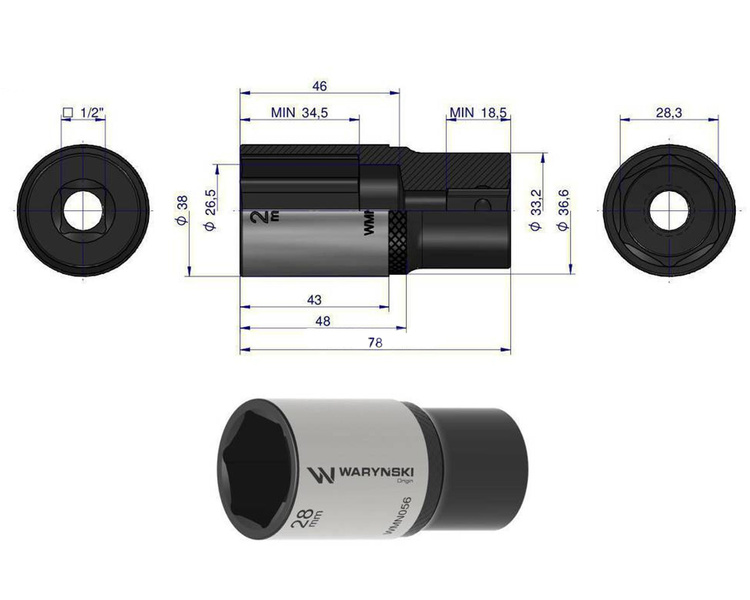 Nasadka sześciokątna 1/2" 28 mm długa Waryński